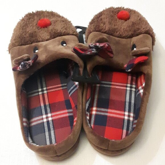 NWOT Reindeer Slippers Plaid Rudolph Slippers 9/10 - Picture 2 of 4